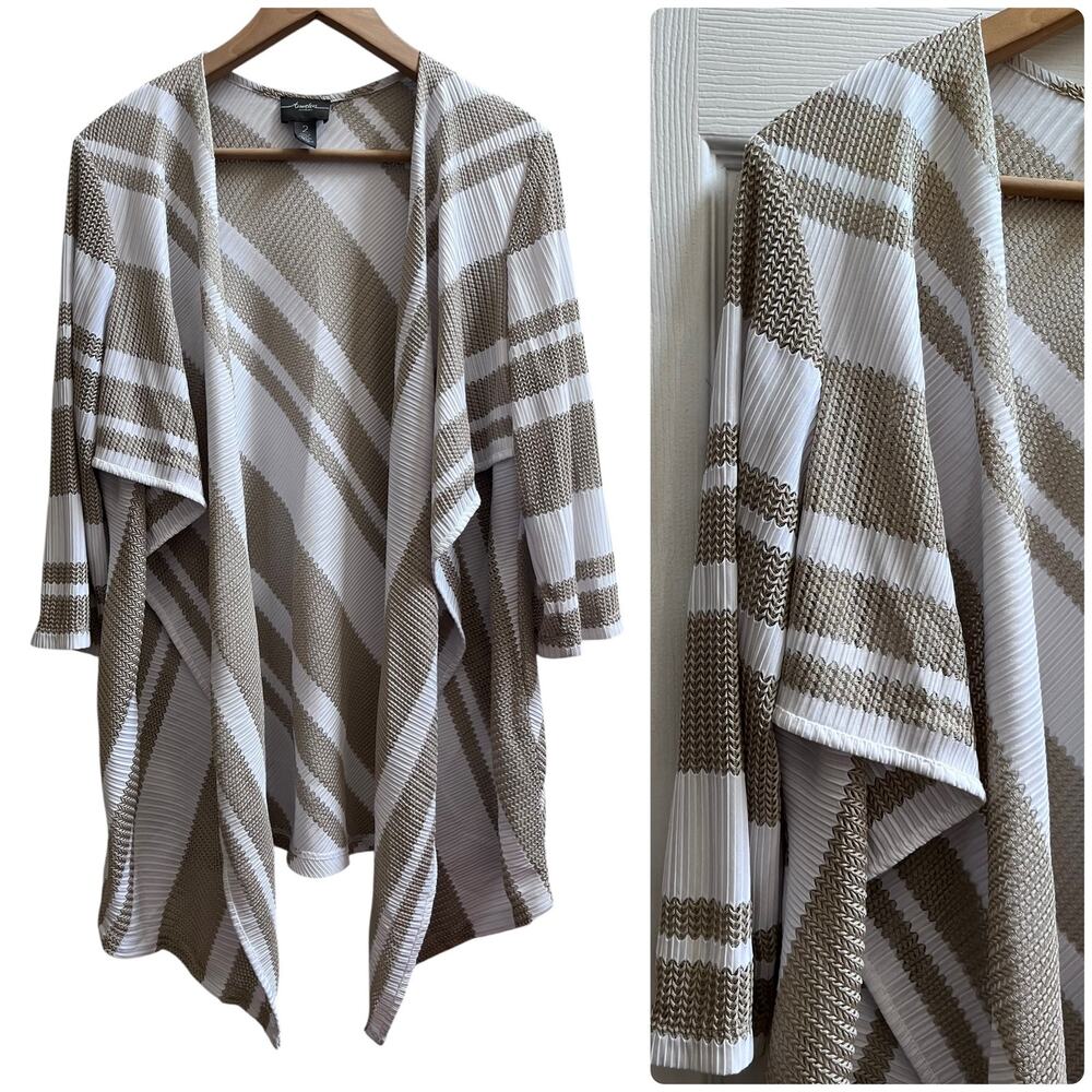 Chicos Travelers White Gold Metallic Thread 3/4 Sleeve Open Long Cardigan Large